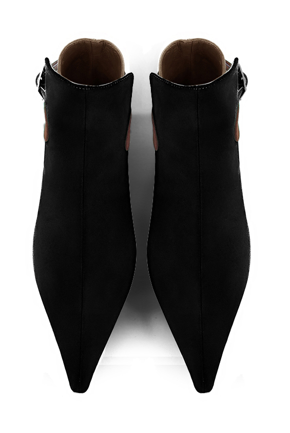 Women's matt black, camel beige and caramel brown elegant ankle boots, with buckles at the back. Pointed toe. Low flare heels - Top view